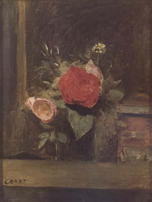 Jean Baptiste Camille  Corot Bouquet de fleurs dans un verre a cote d'un pot a tabac (mk11) oil painting picture